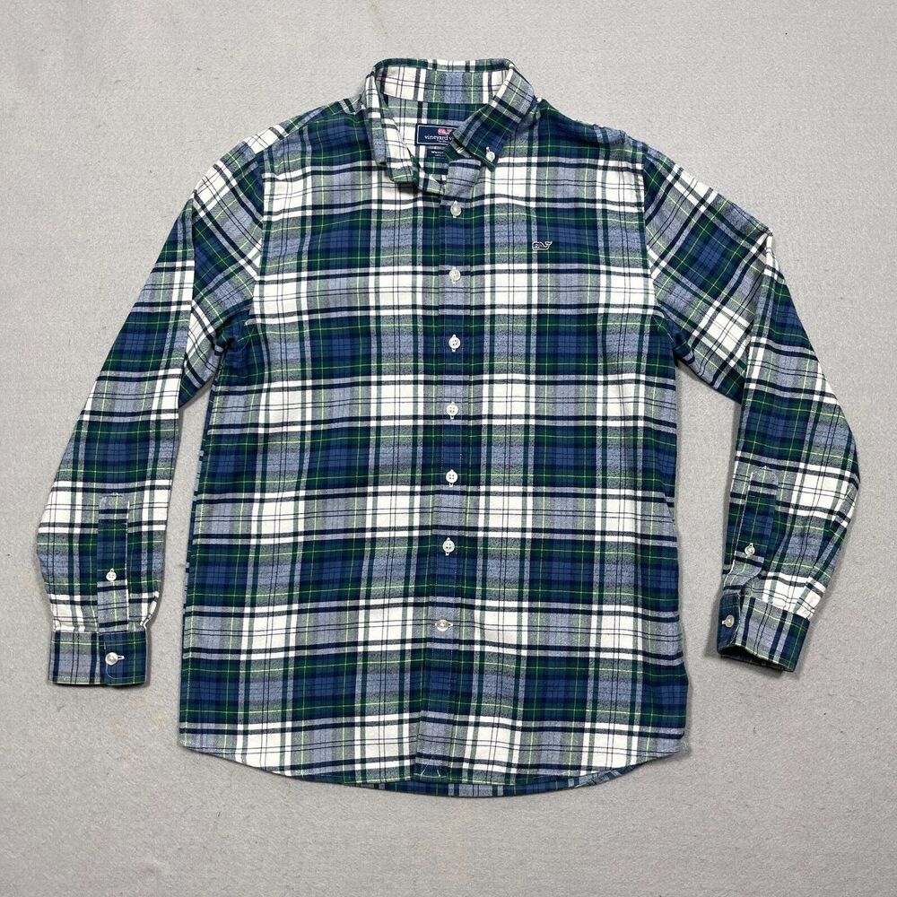 Vineyard Vines Whale Shirt Youth Large 16 Cotton Long Sleeve Flannel Green
